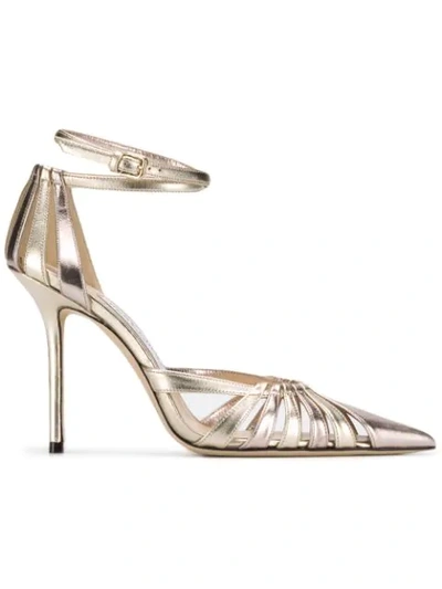 Jimmy Choo Travis 100 Gold Mix Metallic Nappa Leather Strappy Pump With A Pointed Toe