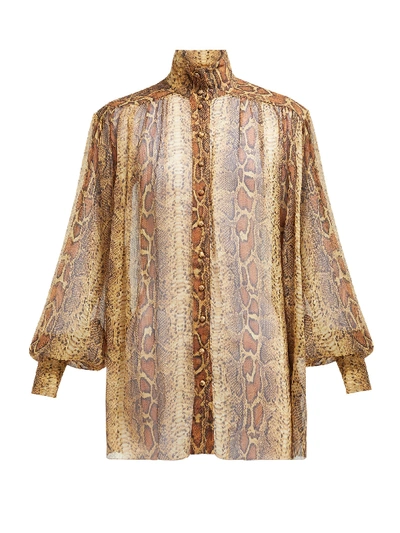 Zimmermann High-neck Silk Snake-print Button-up Blouse In Brown