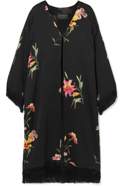 Etro Fringed Floral-print Satin Kimono In Black