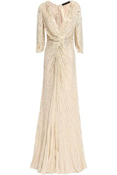 Jenny Packham Woman Twist-front Embellished Silk-georgette Gown Beige