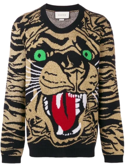 Gucci Men's Metallic Tiger Pullover Sweater In Black Gold