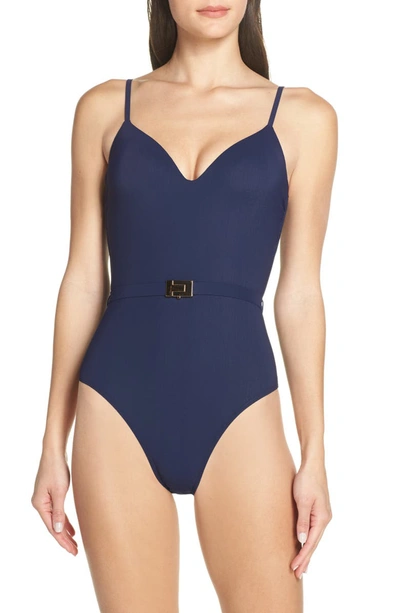 Tory Burch Belted V-neck One-piece Swimsuit In Tory Navy