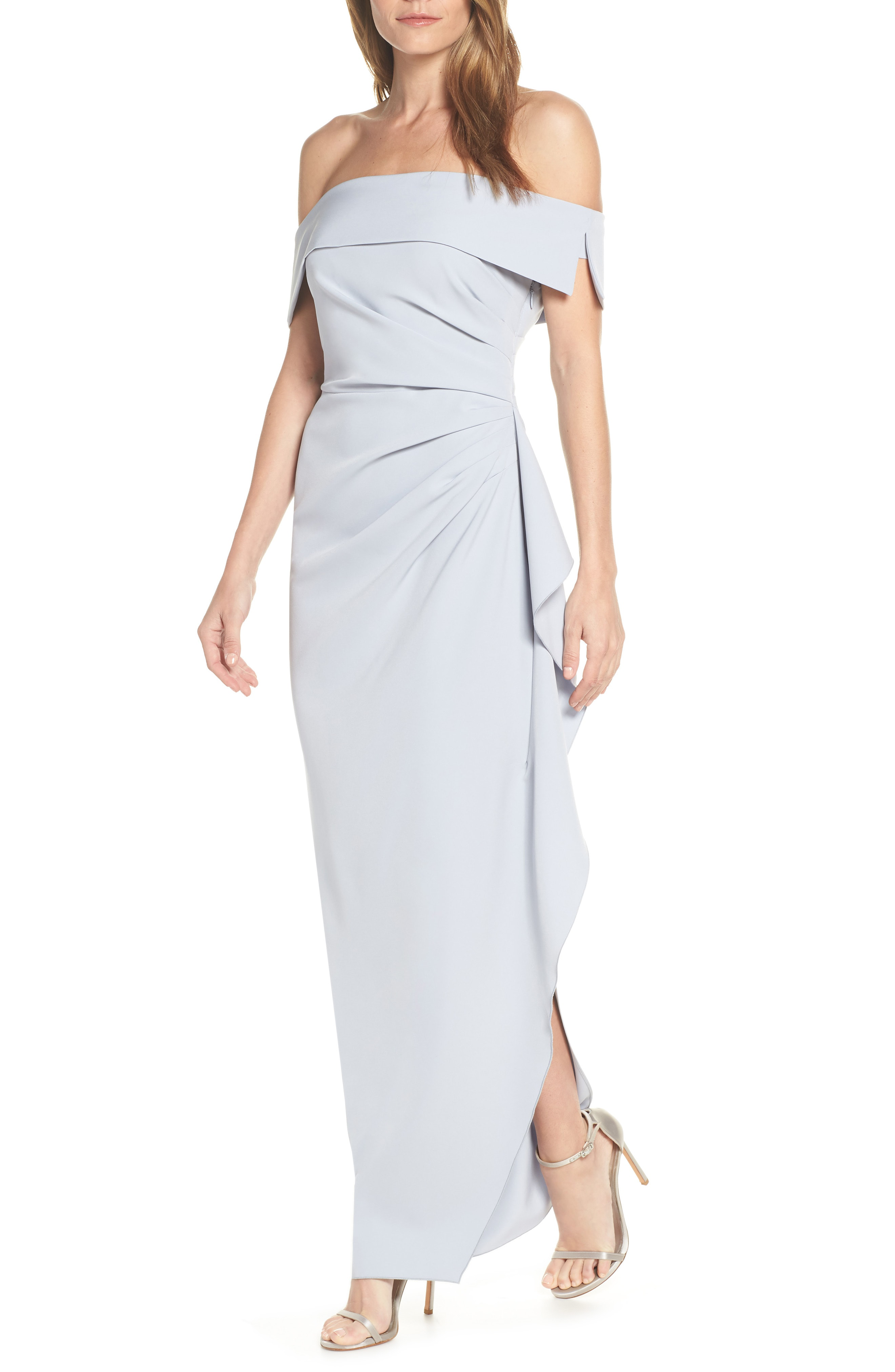 vince camuto off the shoulder crepe gown