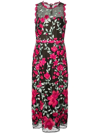 Marchesa Notte Sleeveless Floral Embroidered Guipure Tea-length Gown In Black