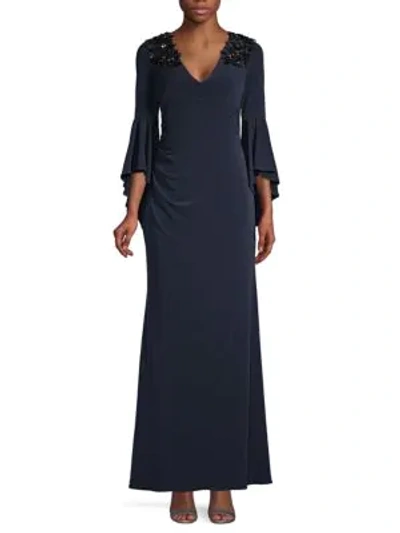 Calvin Klein Embellished Stretch Bell-sleeve Gown In Twilight