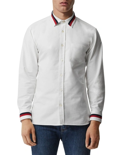 Burberry Men's Harry Long-sleeve Sport Shirt With Striped Trim In White