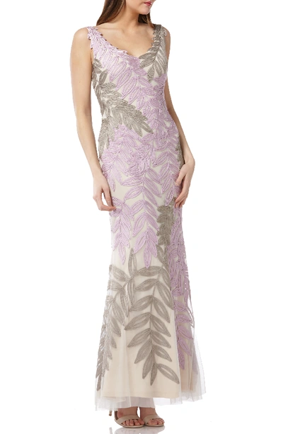 Js Collections Leaf Soutache Trumpet Gown In Pink/ Sand