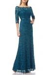 Js Collections Bateau Neck Lace Gown In Turqoise Navy