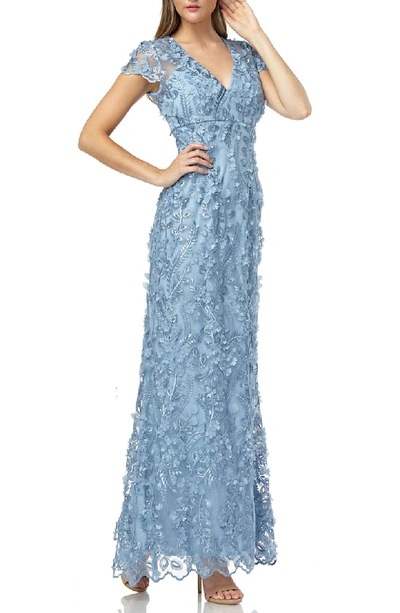 Carmen Marc Valvo Infusion Petals Embellished Gown In French Blue