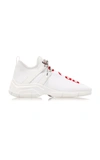 Prada Leather-trimmed Logo-intarsia Stretch-knit Sneakers In White