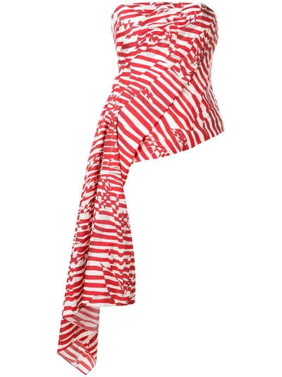 Halpern Asymmetric Strapless Draped Striped Faille Top In Red