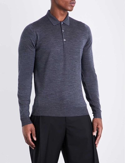 John Smedley Mens Charcoal Belper Knitted Polo Jumper In Grey