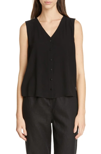 Eileen Fisher Plus Size V-neck Button-front Sleeveless Silk Georgette Crepe Top In Black