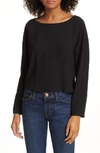 Eileen Fisher Petite Boat-neck Bracelet-sleeve Silk Crepe Crop Top In Black