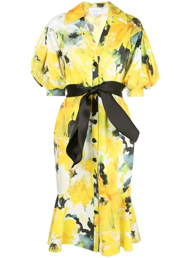 Marchesa Floral Printed Cotton Shirt Dress In Yellow