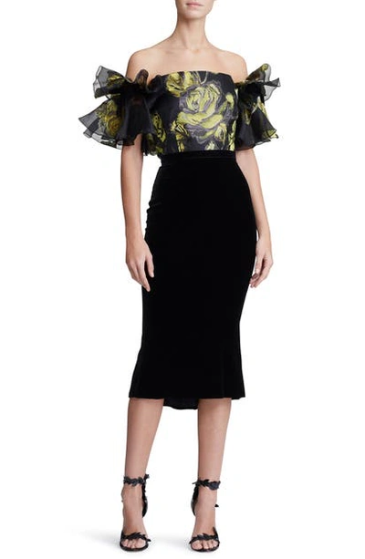 Marchesa Ruffle Off The Shoulder Mixed Media Dress In Citrine