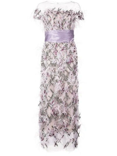 Marchesa Ostrich Feather And Crystal-embellished Tulle Midi Dress In Purple
