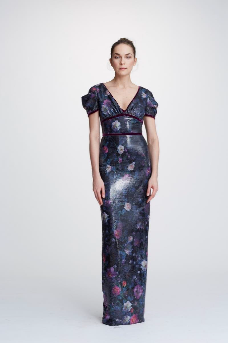 Marchesa Notte Pre-fall 2019 Printed Sequin Column Gown In Black | ModeSens