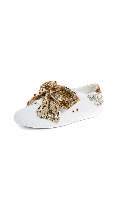 Ash Demon Embellished & Sequin-bow Leather Platform Sneakers In White/ Metallic Old Gold