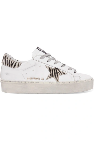 Golden Goose Hi Star Distressed Leather And Zebra-print Calf Hair Platform Sneakers In White