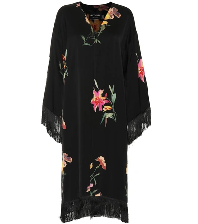 Etro Fringe-trimmed Floral Crêpe Kimono In Black