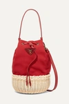Prada Giardiniera Leather-trimmed Canvas And Wicker Shoulder Bag In Naturale Rosso|rosso