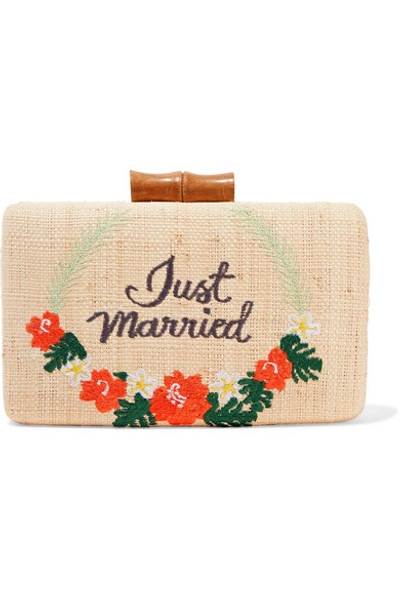 Kayu Just Married Embroidered Woven Straw Clutch In Sand