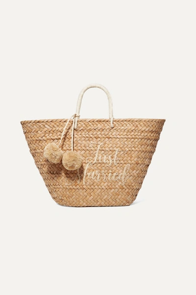 Kayu St Tropez Pompom-embellished Embroidered Woven Straw Tote In Sand