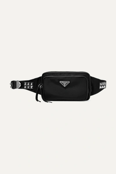 Prada Vela Studded Leather-trimmed Shell Belt Bag In Black