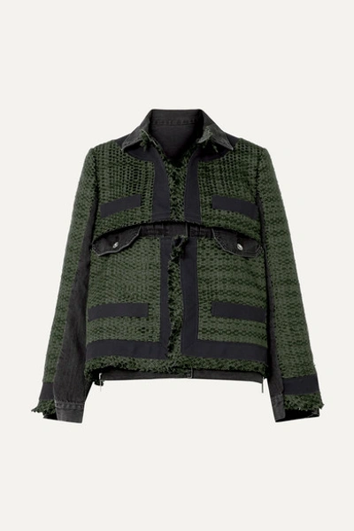 Sacai Paneled Canvas-trimmed Tweed And Denim Jacket In Army Green