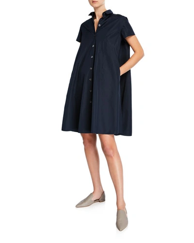 Aspesi Button-front Short-sleeve Poplin Swing Dress In Navy