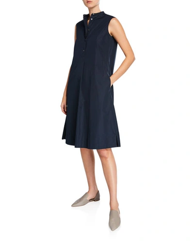 Aspesi Sleeveless Cotton Poplin Dress With Band-collar In Navy