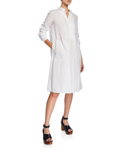 Aspesi Button-front Long-sleeve Linen Shirtdress W/ Pintuck Front In White