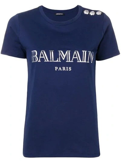 Balmain Button Detail Logo T-shirt In Blue