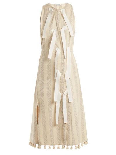 Altuzarra Blanche Sleeveless Jacquard Diagonal-snap Dress With Pompom & Ribbon Trim In Parchment