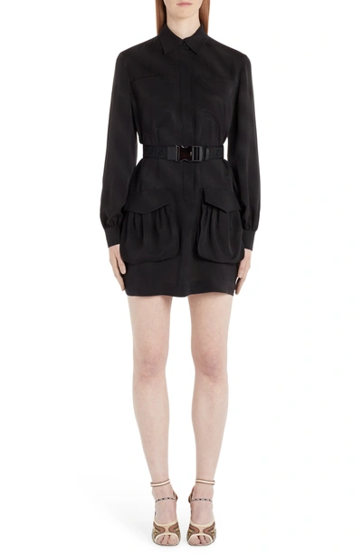 Fendi Jacquard Silk Long-sleeve Belted Dress In F0gme Black