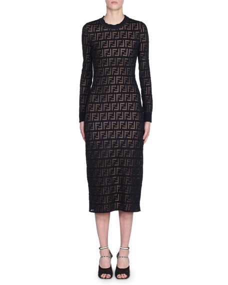 Fendi Long Sleeve Logo Jacquard Bodycon Dress In Black Modesens