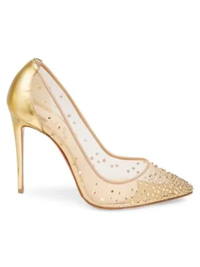 Christian Louboutin Follies Strass Crystal Mesh Red Sole Pumps In Gold