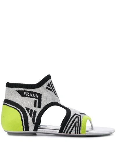 Prada Socks Ankle Sandals In Green +black + Silver