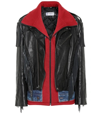 Balenciaga Layered Fringed Leather, Denim And Jersey Biker Jacket In Black