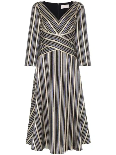Peter Pilotto 3/4-sleeve Shimmer-striped Midi Dress In Gold/navy