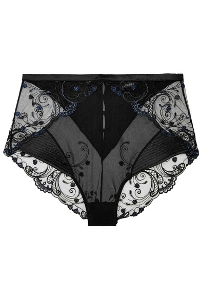 La Perla Modernista High-rise Embroidered Stretch-silk And Tulle Briefs In Black/blue