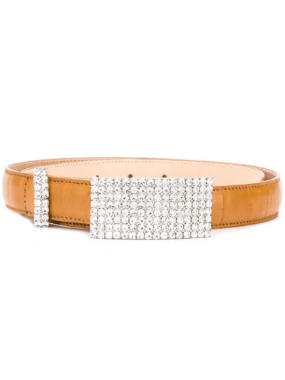 Alessandra Rich 25mm Croc Embossed Leather Crystal Belt In Sand