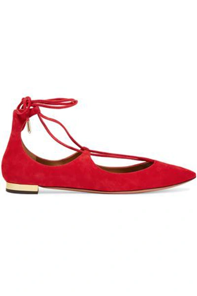 Aquazzura Christy Lace-up Suede Point-toe Flats In Red