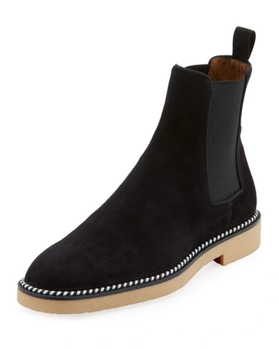 Christian Louboutin Men's Chelsea Crepe-sole Suede Boots In Black