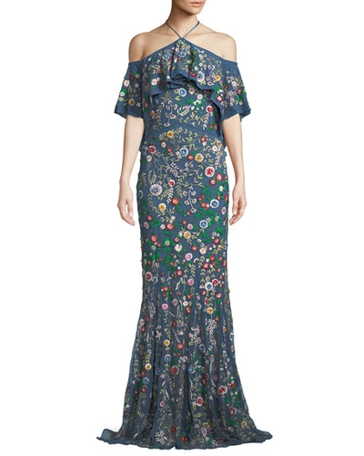 Alice And Olivia Annalea Ruffled Embellished Tulle Halterneck Gown In Denim Blue