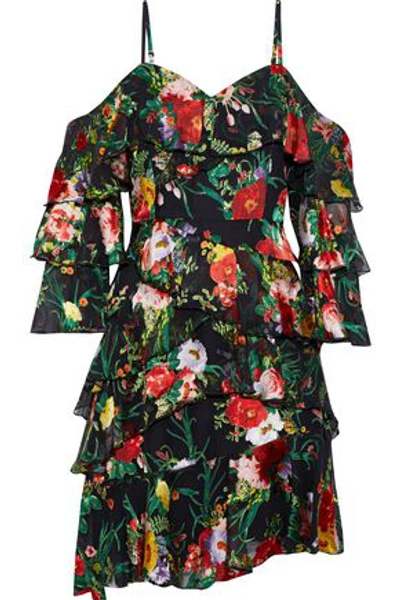 Alice And Olivia Florentina Cold-shoulder Tiered Floral-print Fil Coupé Chiffon Mini Dress In Multicolor