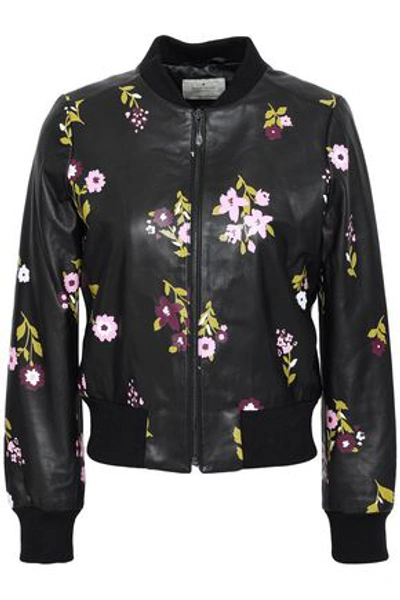 Kate Spade Woman Floral-print Leather Bomber Jacket Black