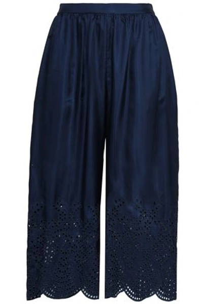 Alice And Olivia Woman Cropped Embroidered Silk-twill Wide-leg Pants Indigo