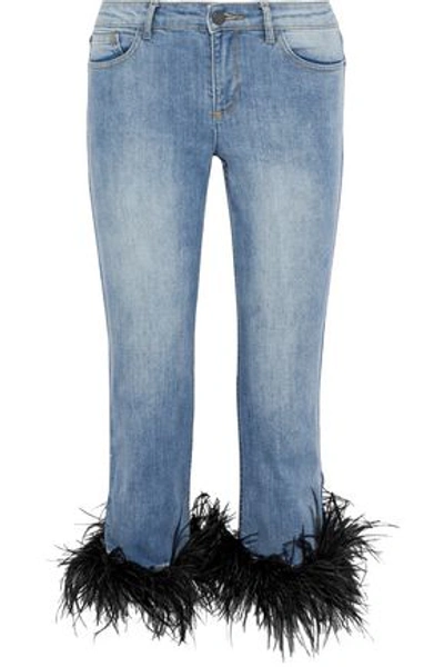 Alice And Olivia Alice + Olivia Woman Tasha Convertible Feather-trimmed Low-rise Straight-leg Jeans Light Denim